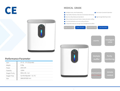 Portable Oxygen Concentrators Generator, 1-7L/min Adjustable Oxygen Machine, 30%-90% O2 Maker, AC 110V, English version, including all accessories